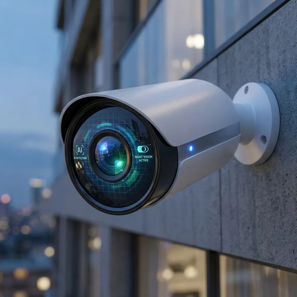 Cámara de seguridad bullet IP 4K instalada en exterior con visión nocturna