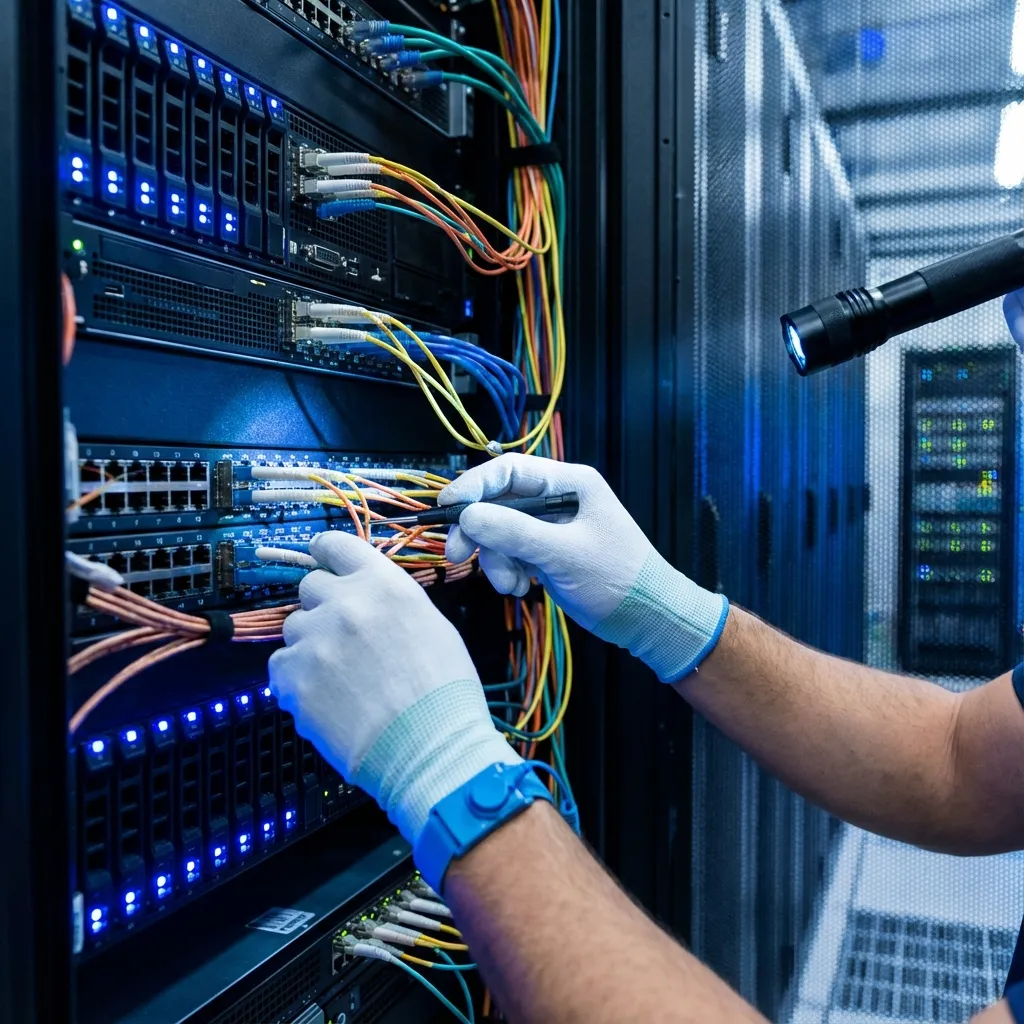 Técnico IT trabajando en servidor con herramientas especializadas